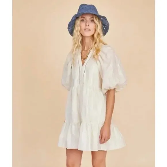 HUNTER BELL Sz L Large Gaille Cream Short Puff Sleeve Jacquard Dress - Picture 12 of 12